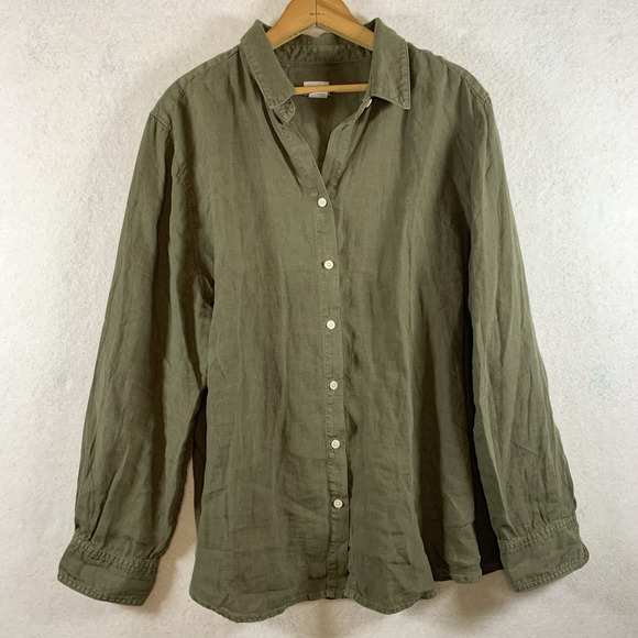 Chicos Linen Blend Button Top Sz S Olive Green Coastal Beachy Travel Safari - Picture 1 of 12
